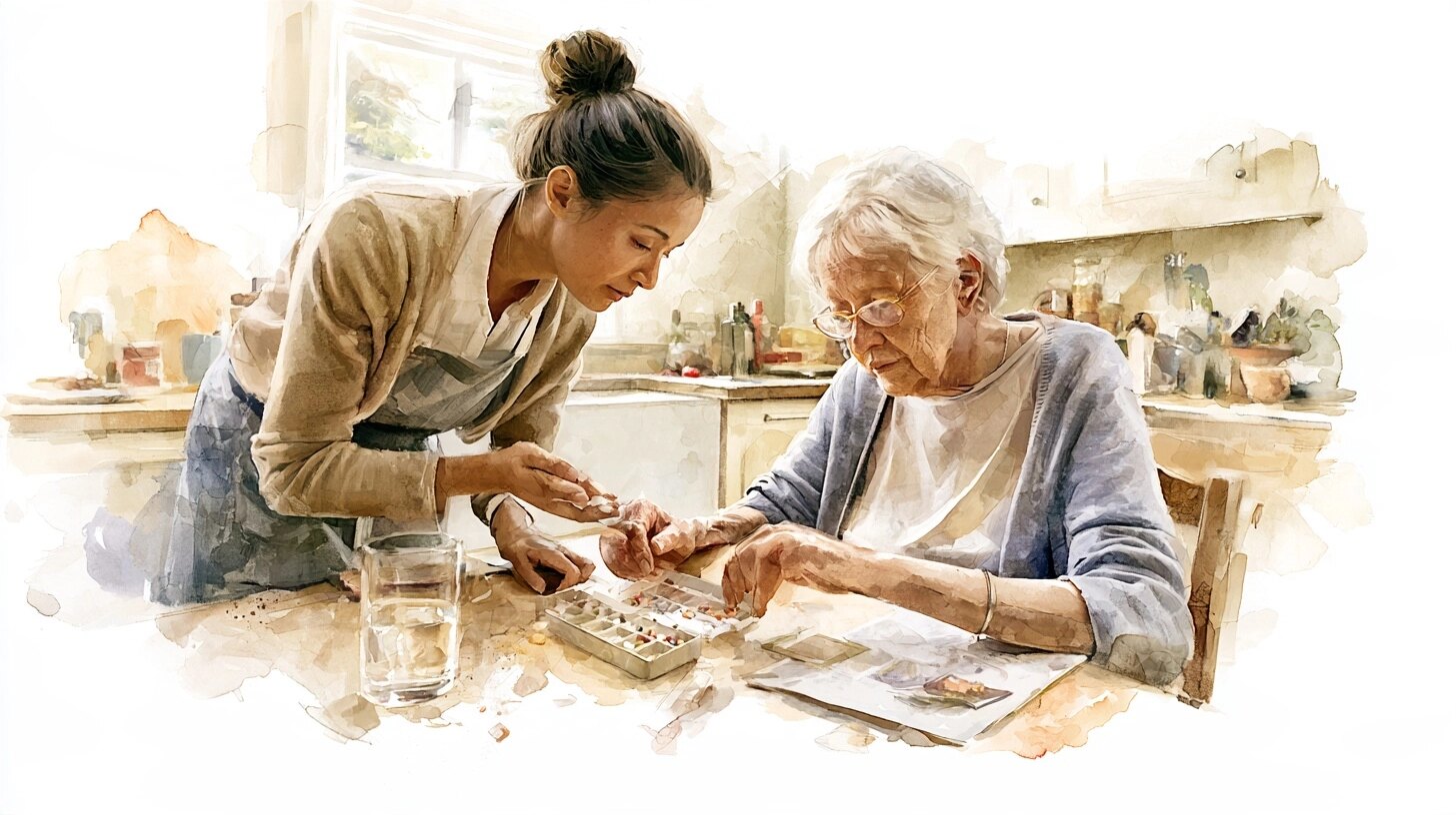 A carer leans in beside an older woman as she takes tablets from a weekly pill box