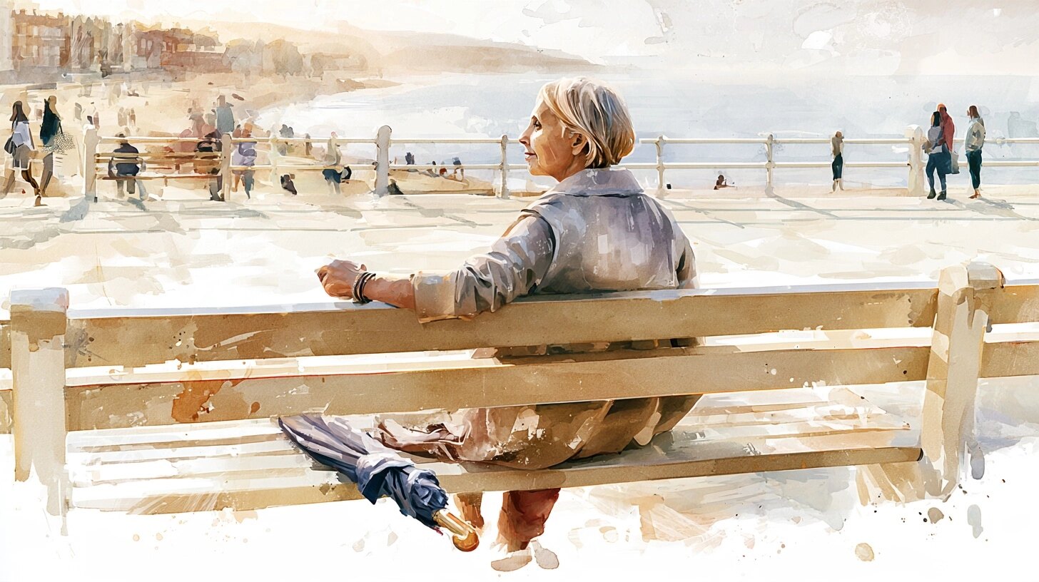 A woman sits on a seafront bench looking out to sea