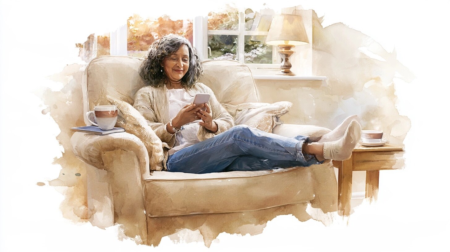 A carer relaxes in an armchair smiling at her phone, a cup of tea on the side table