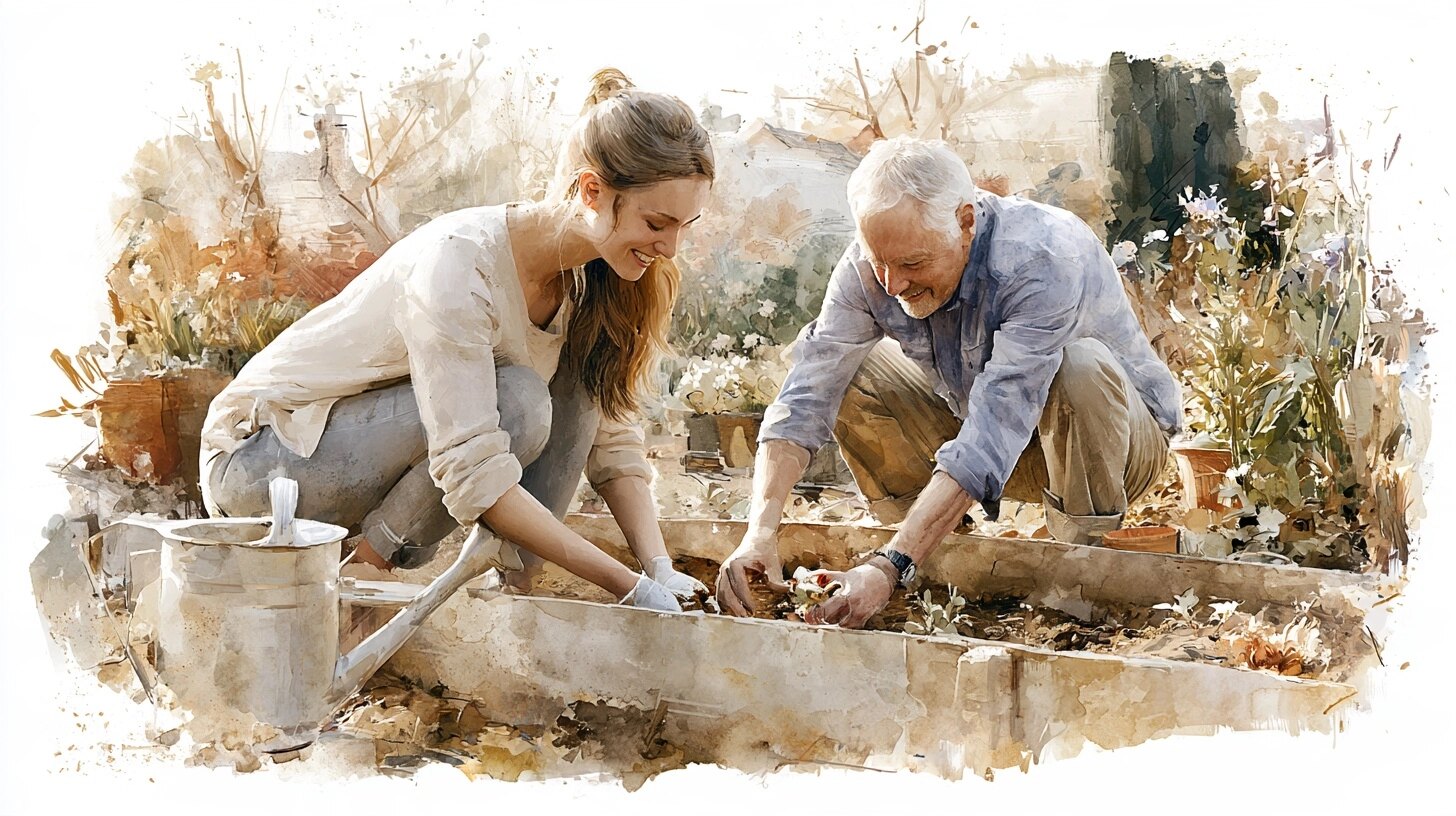 A young woman and an older man plant seedlings together in a raised garden bed