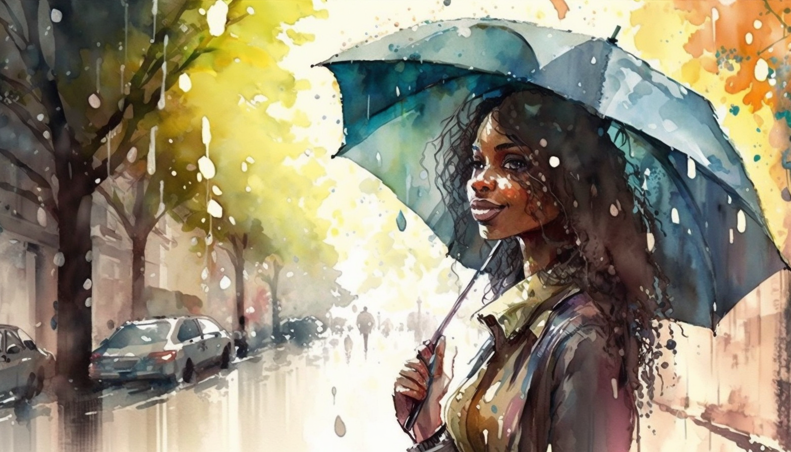 A woman sheltering under an umbrella on a tree-lined street in the rain