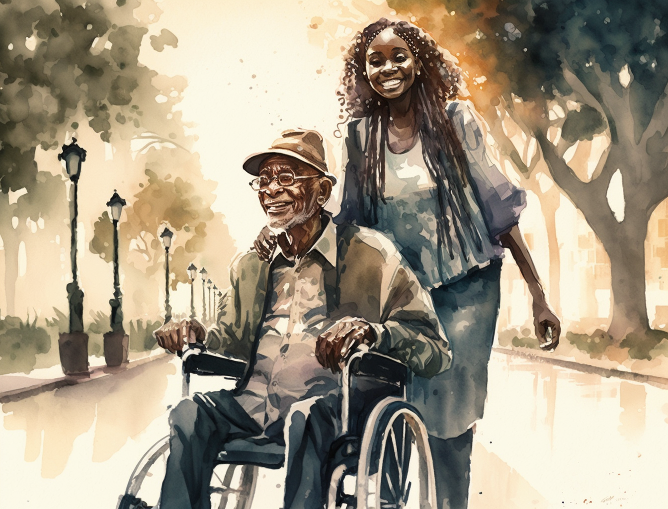A carer pushing an older man's wheelchair along a tree-lined path in the evening light, both smiling