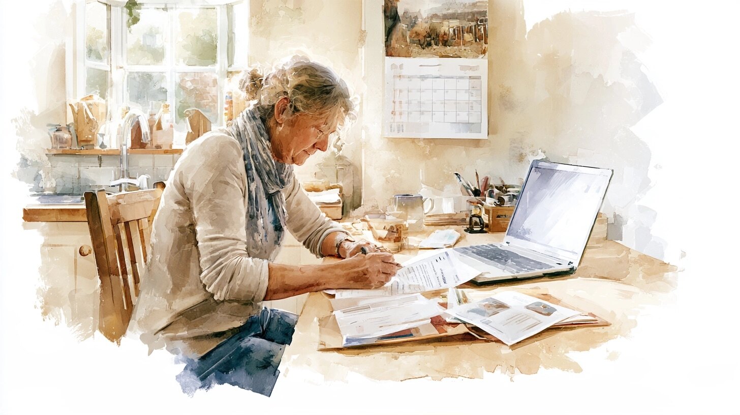 A carer filing certificates into a folder beside a laptop and a wall calendar, at a kitchen table