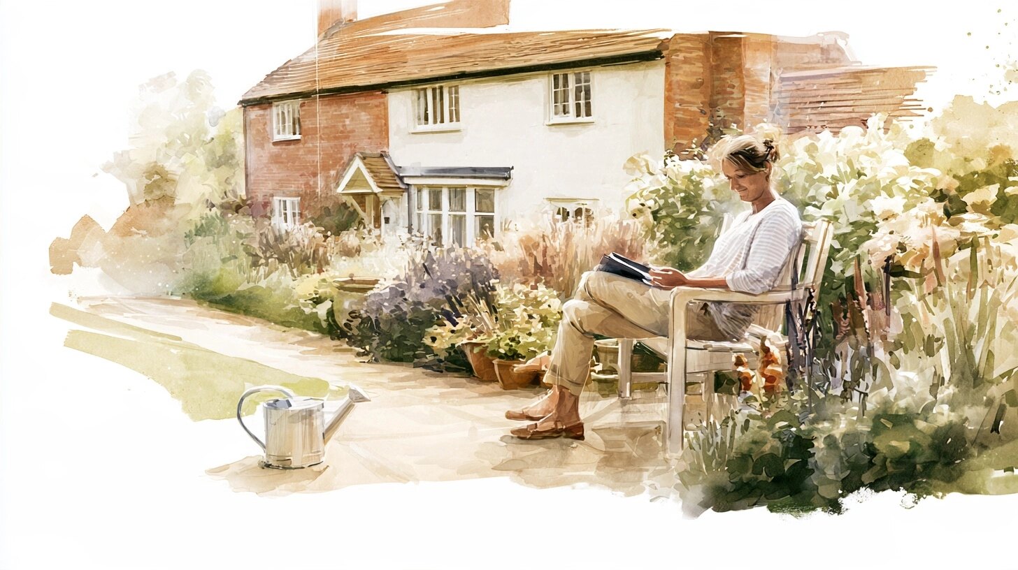 A carer reads a book on a garden bench outside a cottage during her break