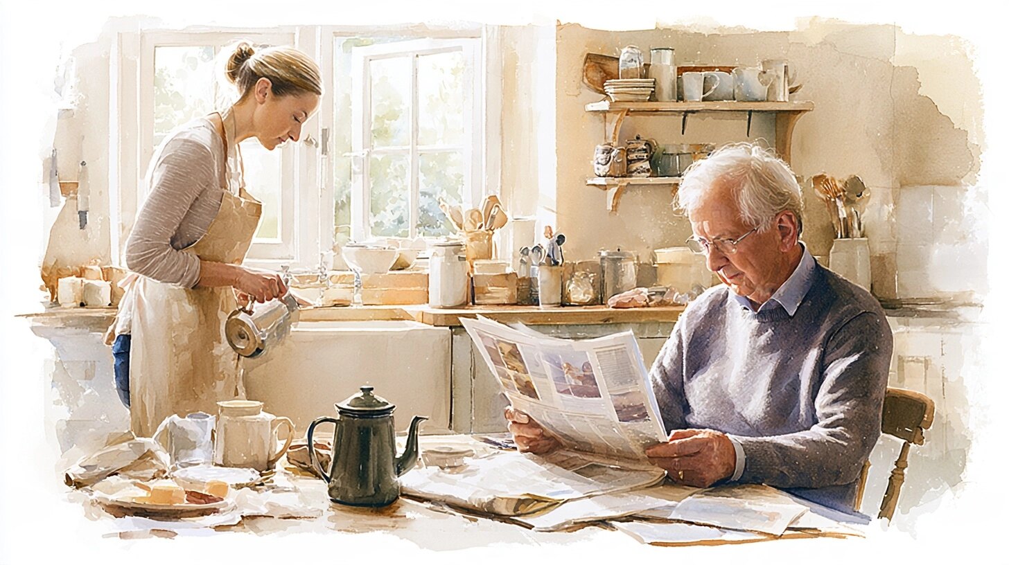 A carer makes tea in a farmhouse kitchen while an older man reads the newspaper at the table