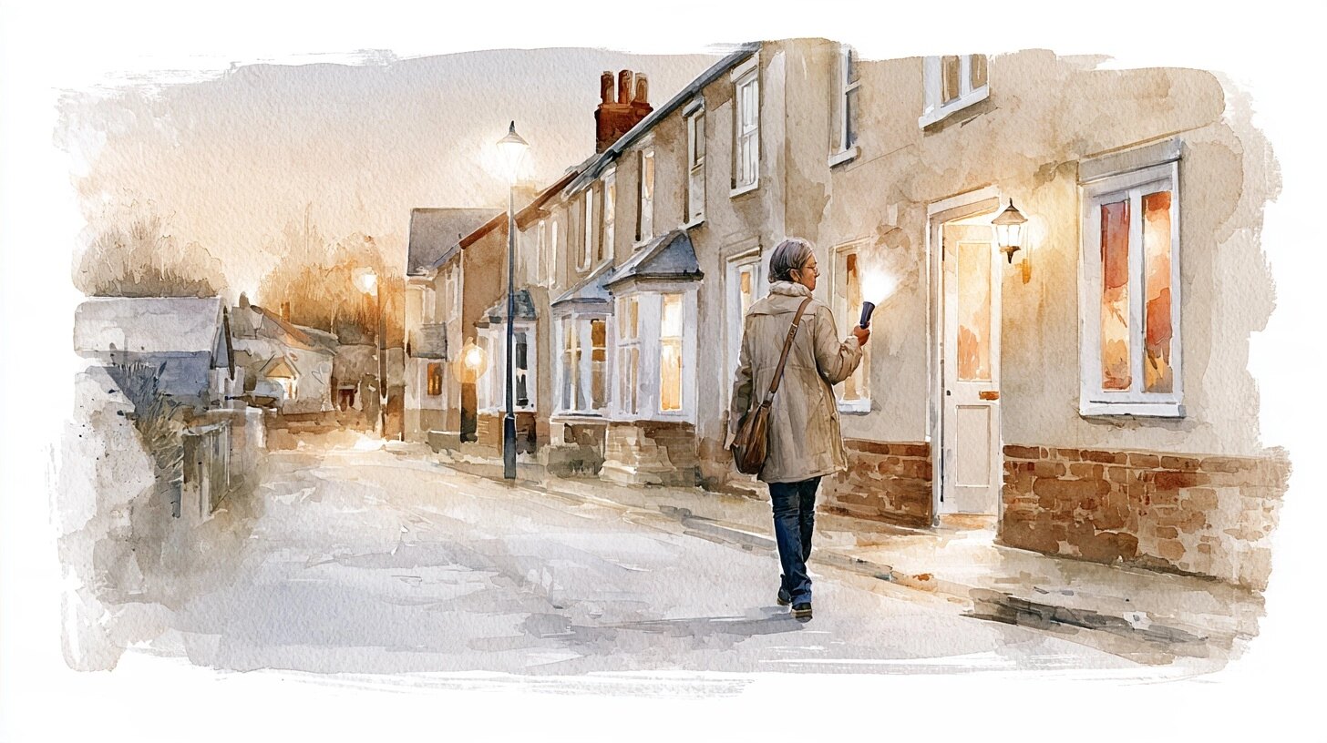 A carer walks along a terraced street at dusk towards a lit front door