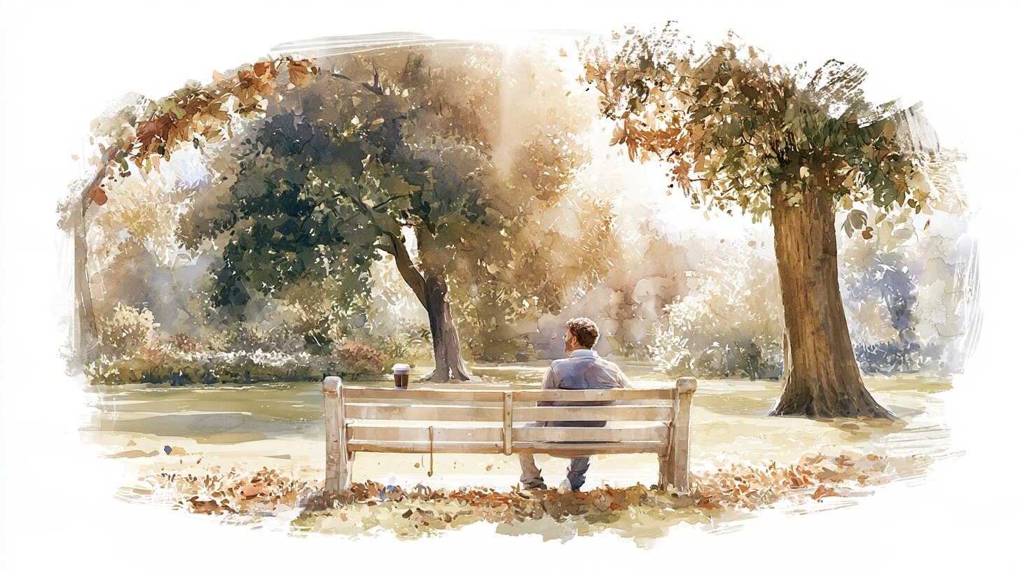 A carer sitting alone on a bench with a coffee, looking at the trees, in a park