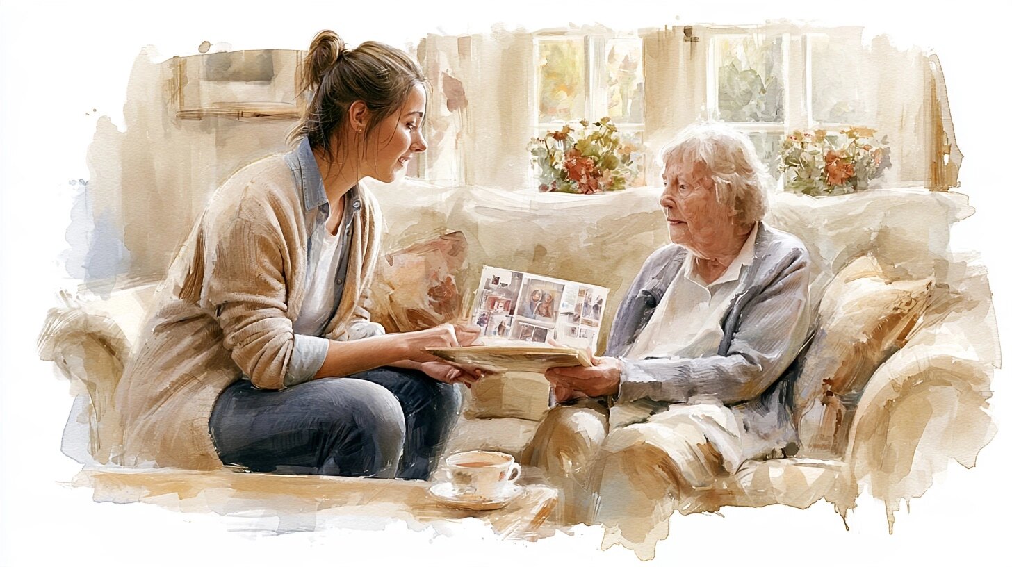 A carer looking through a photo album with an elderly woman on the sofa, a cup of tea, in a living room