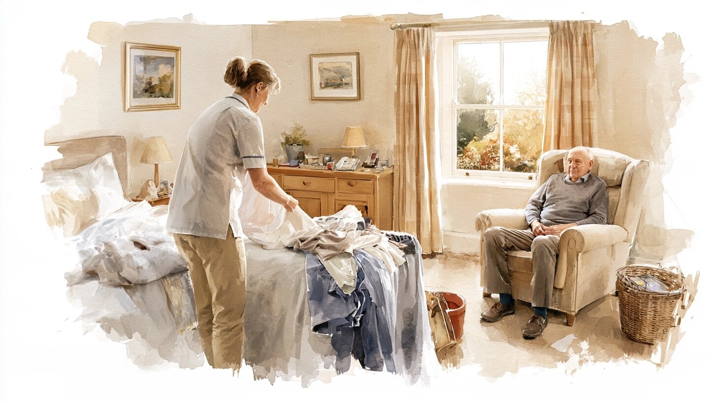 A carer folding fresh laundry onto the bed while an elderly man sits in an armchair by the window, in a tidy bedroom in the morning