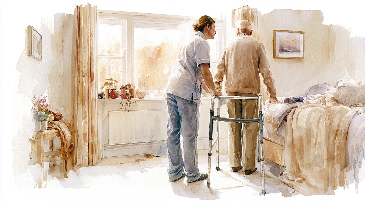 A carer helping an elderly man stand from the edge of his bed with a walking frame in front of him, in a bedroom