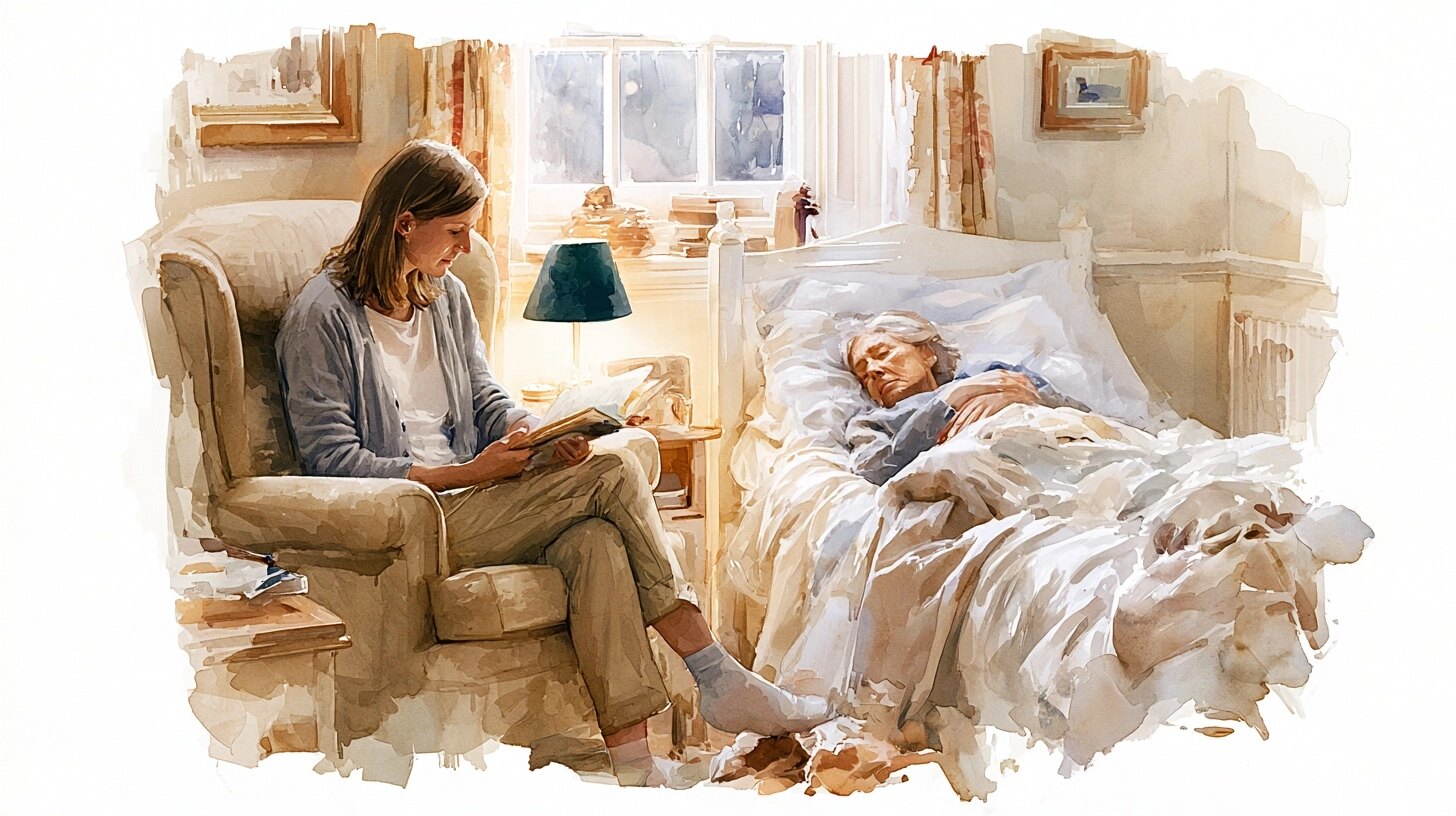 A carer reads in an armchair by lamplight beside an older woman asleep in bed