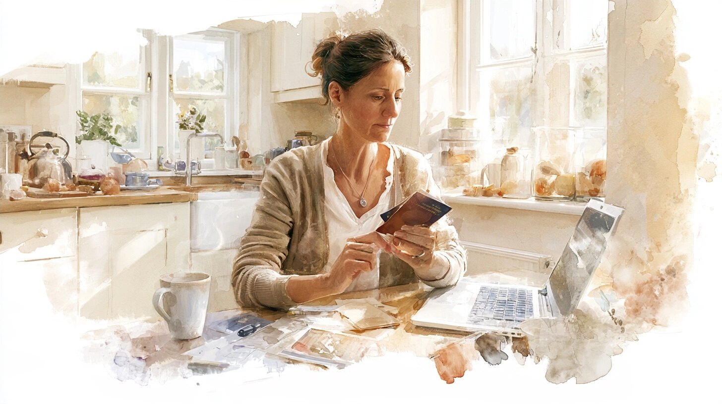 A woman holds her passport at a kitchen table beside an open laptop