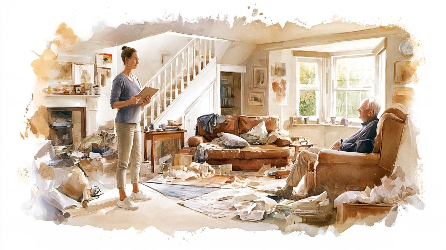 A carer with a clipboard looking around the room, loose rugs and a cluttered staircase in view, the man in his armchair, in an elderly man's living room