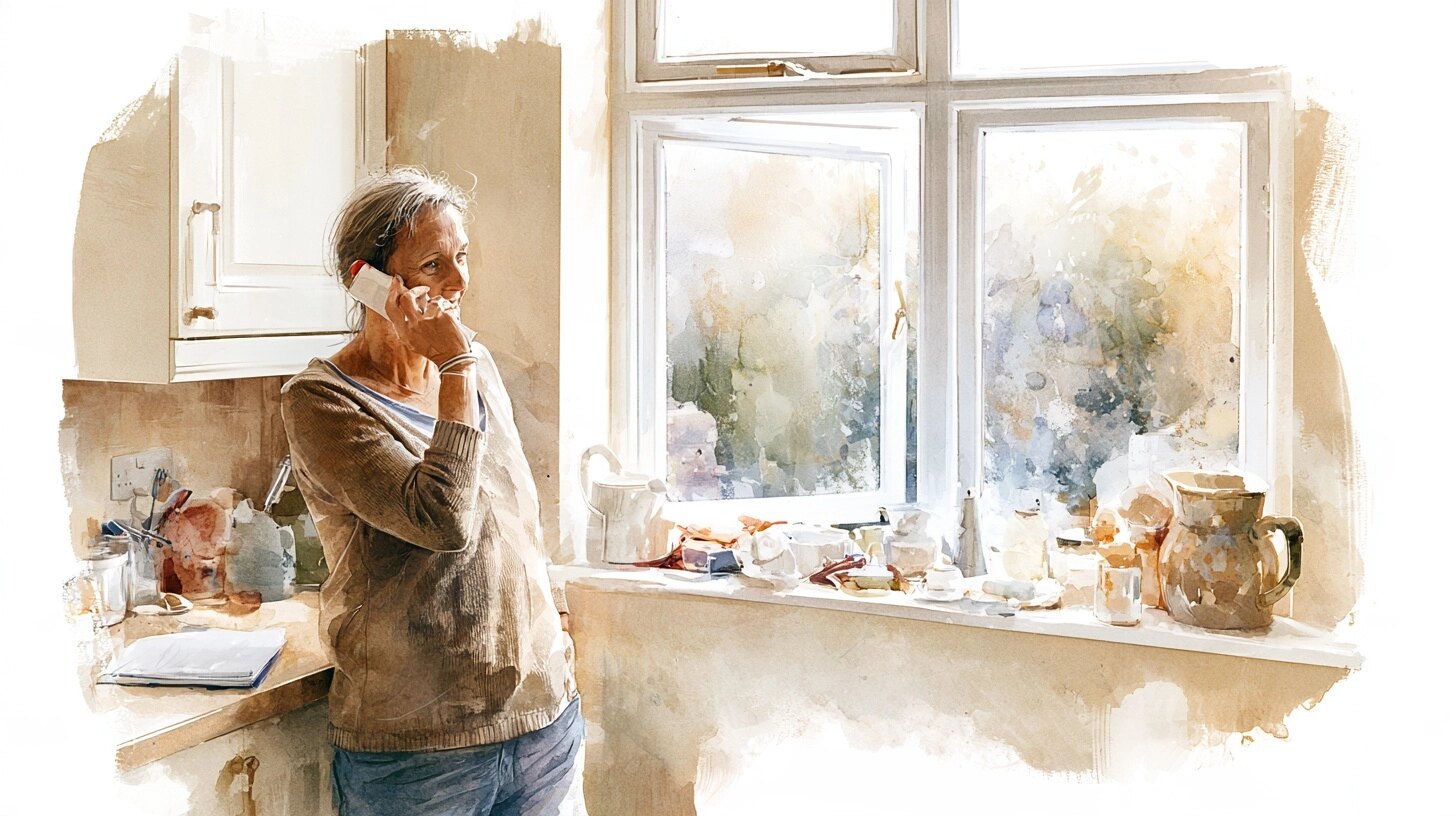 A carer talks on the phone by a kitchen window, a notebook on the counter