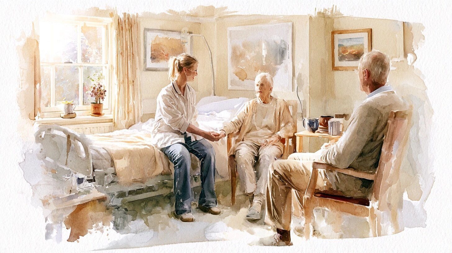 A carer holding the hand of an elderly woman, her son in a chair, in a quiet bedroom with a hospital bed by the window