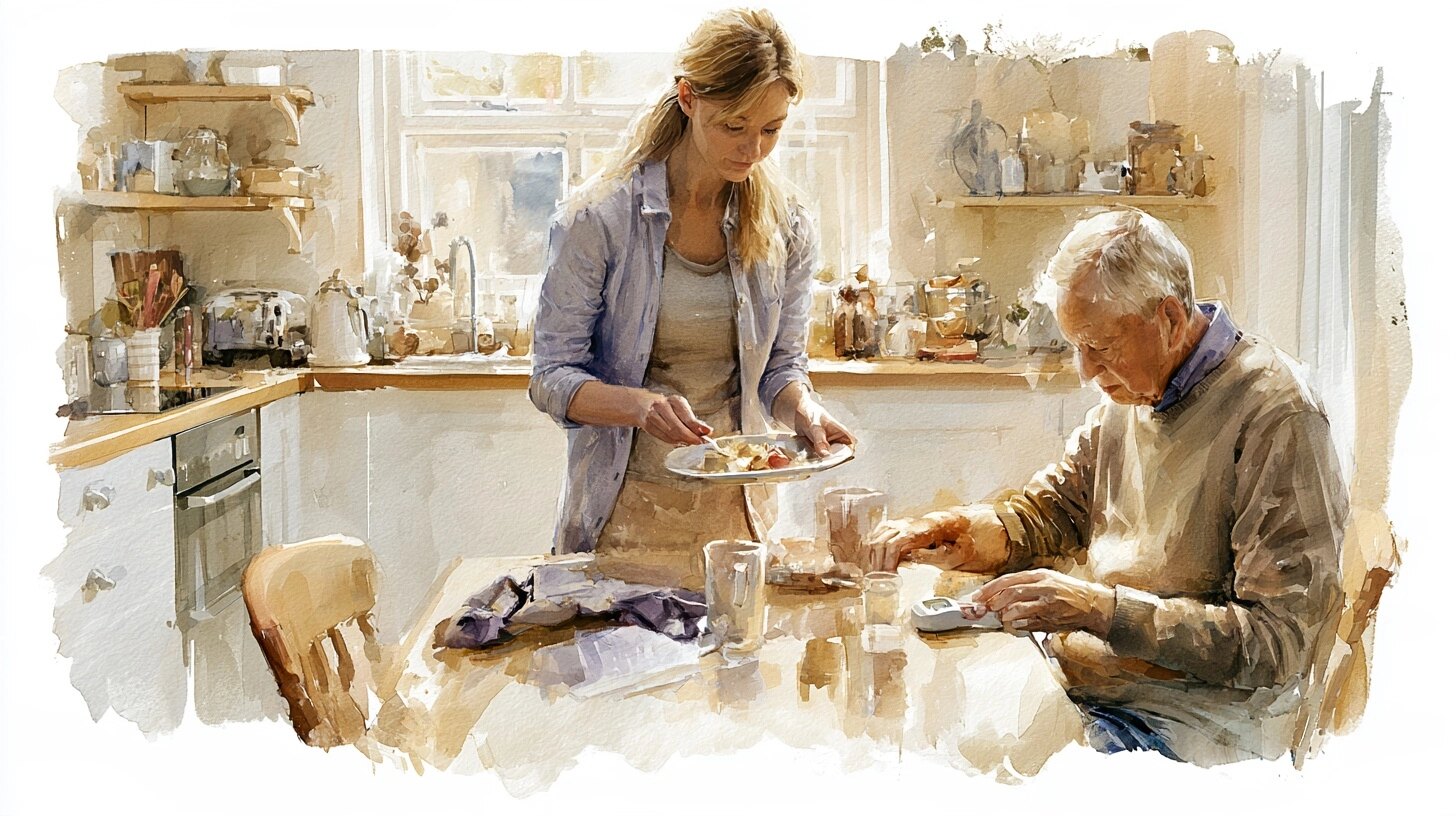 A carer plating a meal while an elderly man checks his blood sugar at the table, in a kitchen