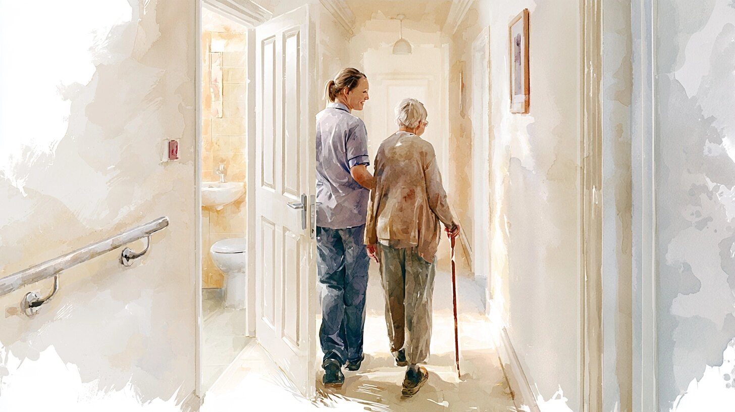 A carer walking an elderly woman with a stick along the hall, in a hallway with a bathroom door ajar and a grab rail on the wall