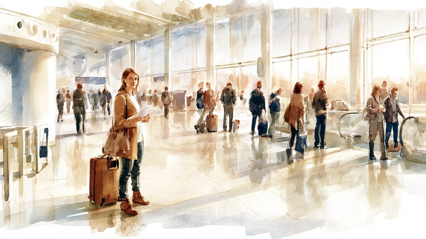 A woman with a suitcase reading papers in her hand, travellers in the distance, in an airport arrivals hall