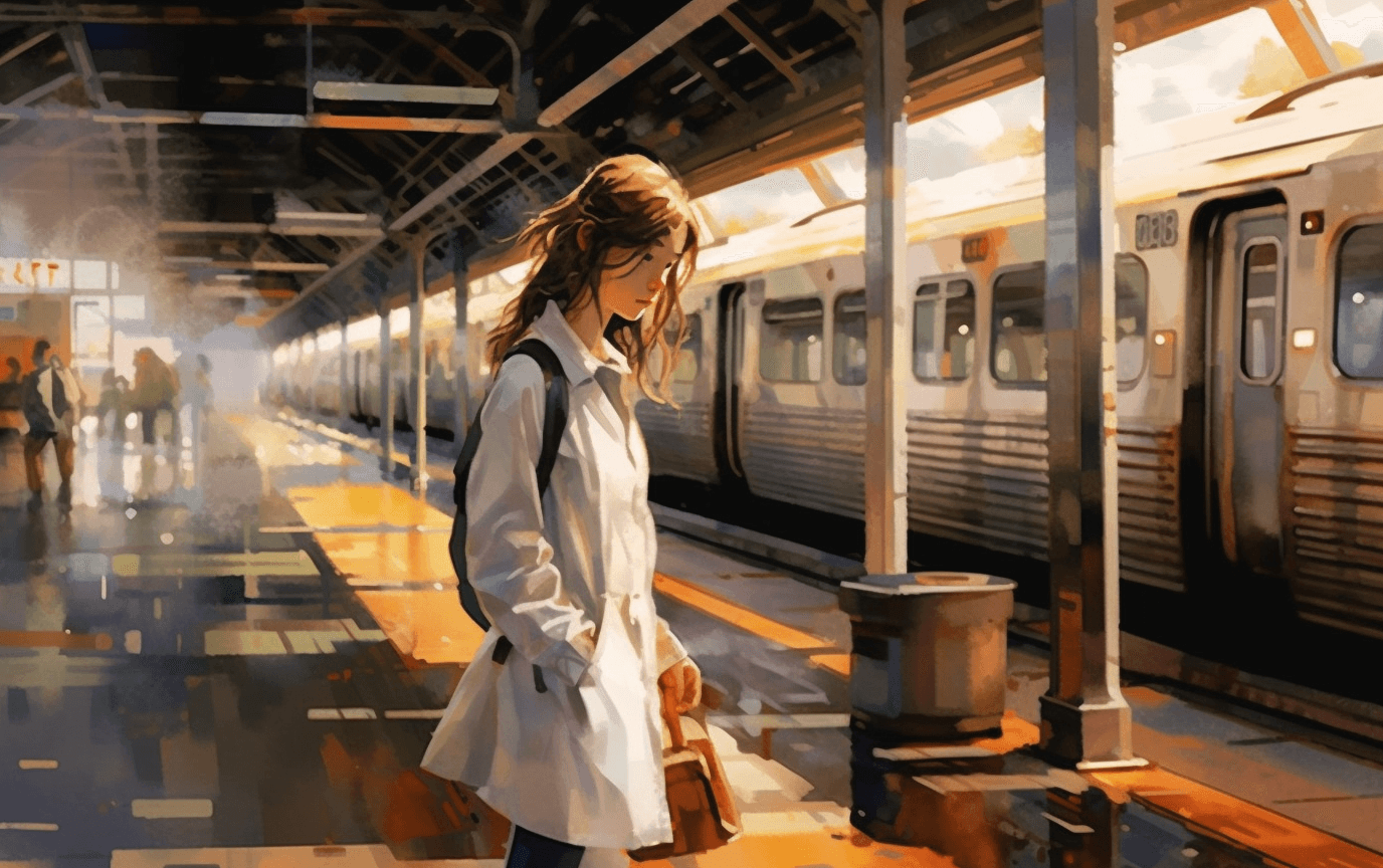 A carer waiting alone on a train platform, on her way to a visit