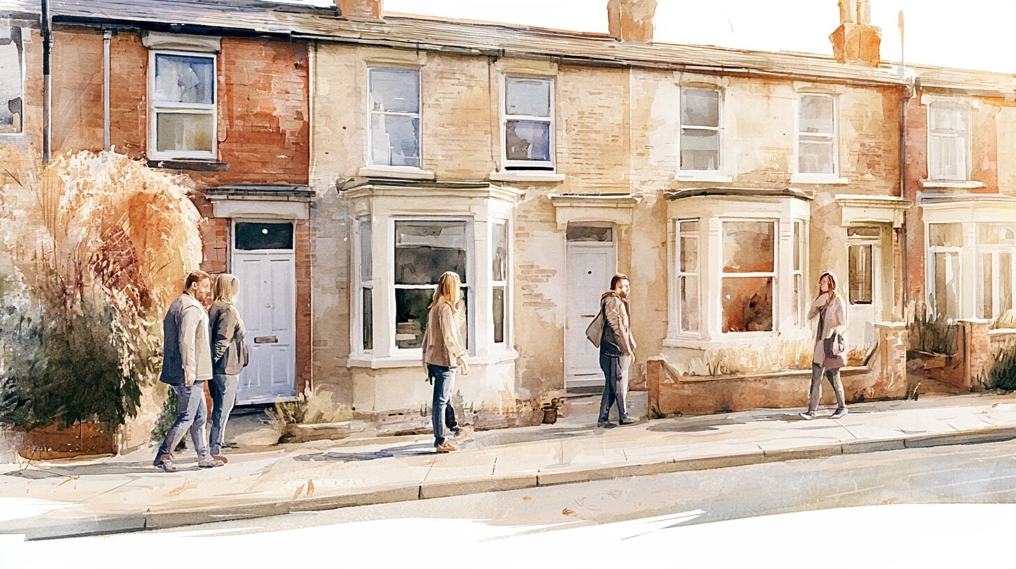 Three care and support workers each heading to a different front door, on a street of terraced houses