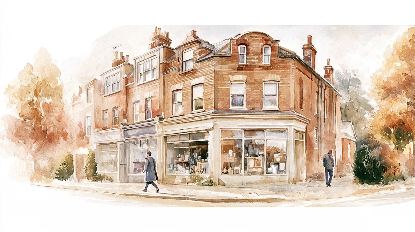A care worker in a tunic and a carer in her own clothes walk along a high street of shops