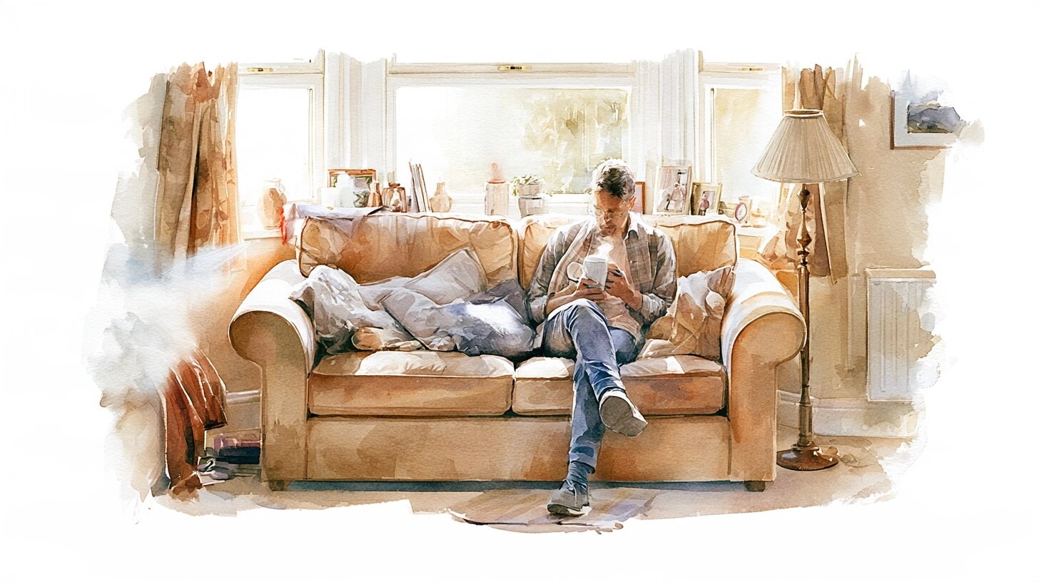 A carer checking a phone with a cup of tea at the end of the day, in a sitting room