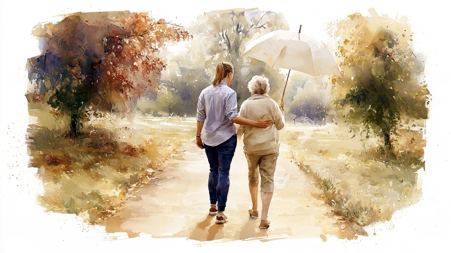 A companion carer walks arm in arm with an older woman along a park path under an umbrella