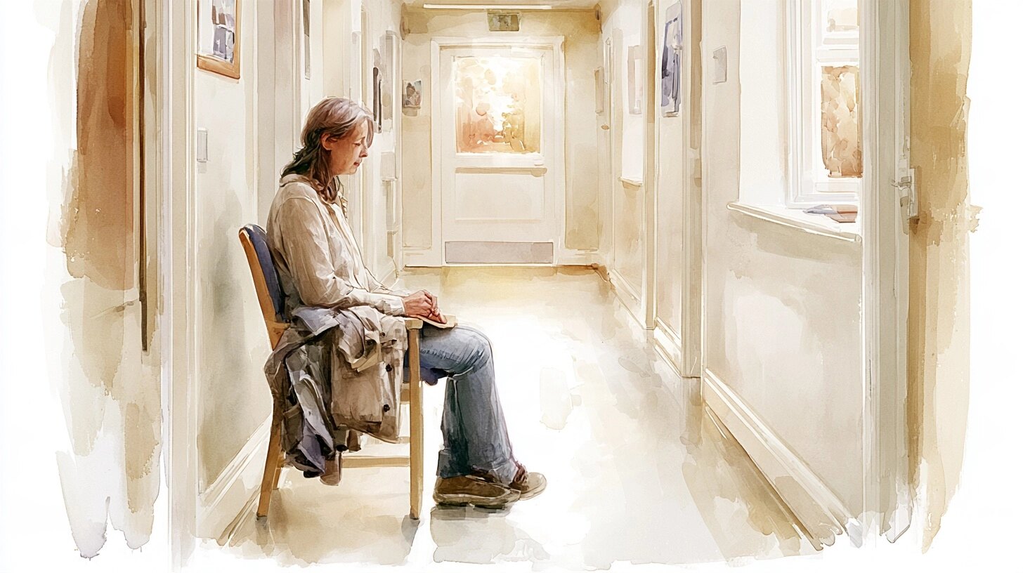 A carer sits on a chair in a quiet hospital corridor with her coat on her lap