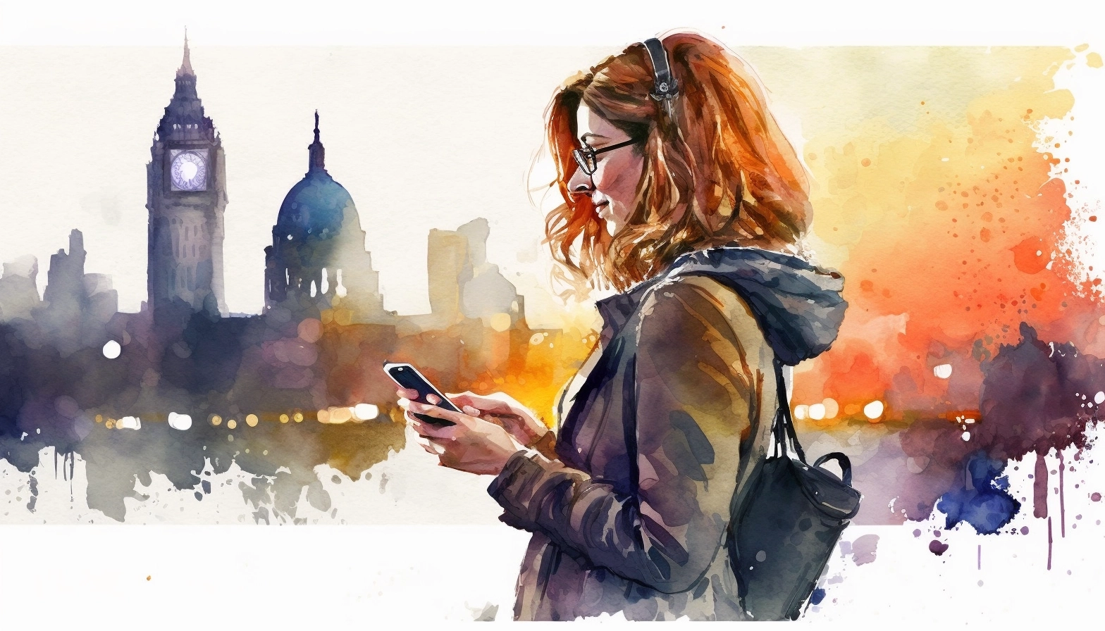 A young woman checking messages on her phone, with the London skyline behind her at dusk
