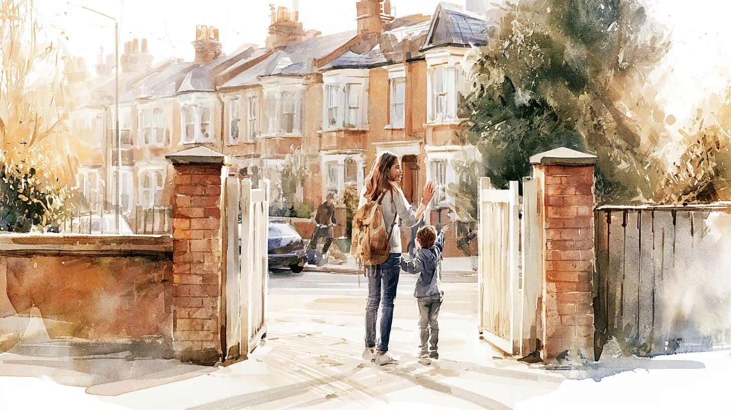 A woman with a rucksack waves goodbye to a child at a school gate on a terraced street