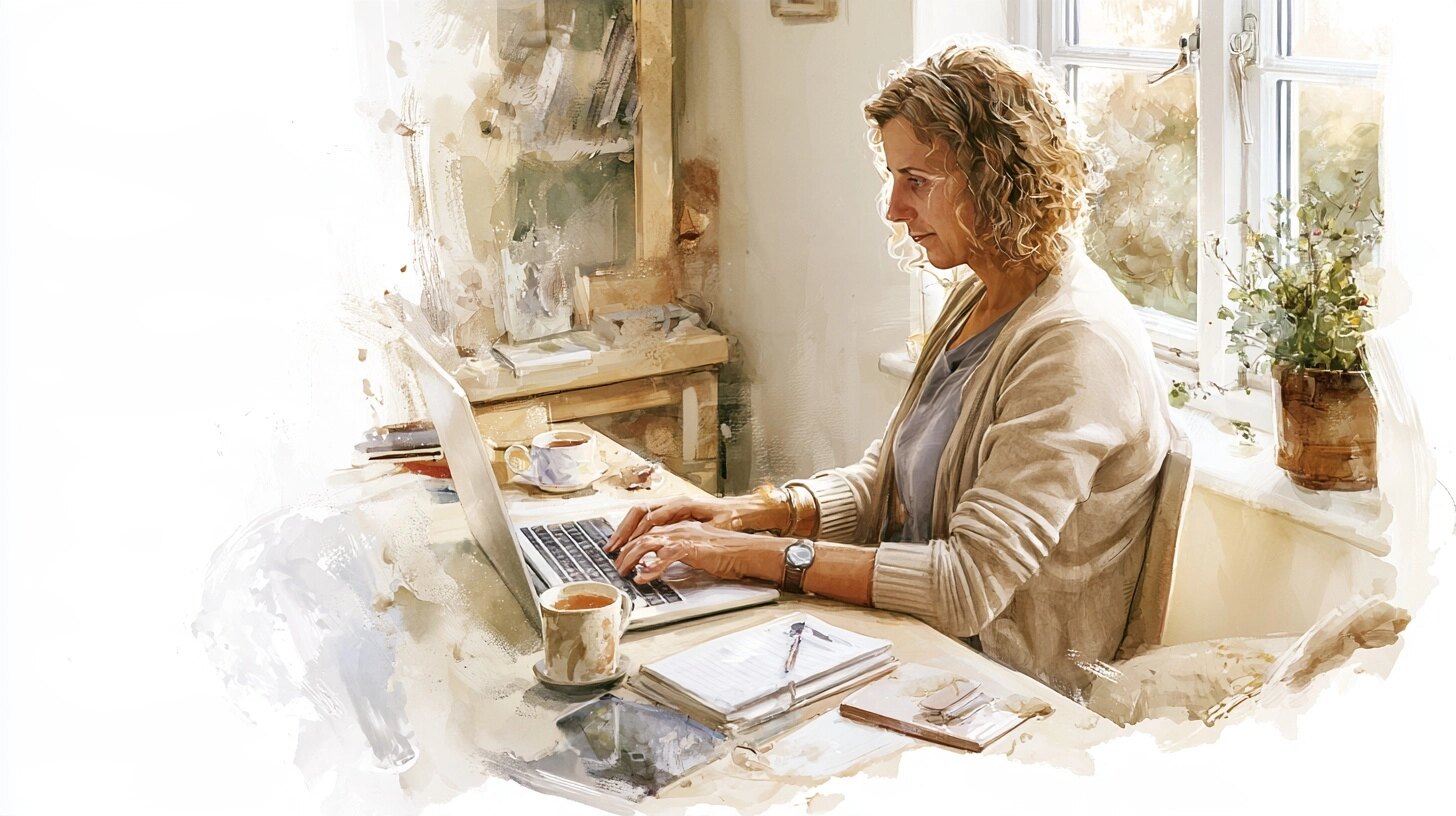 A carer types on a laptop at a desk by a window with a pot plant