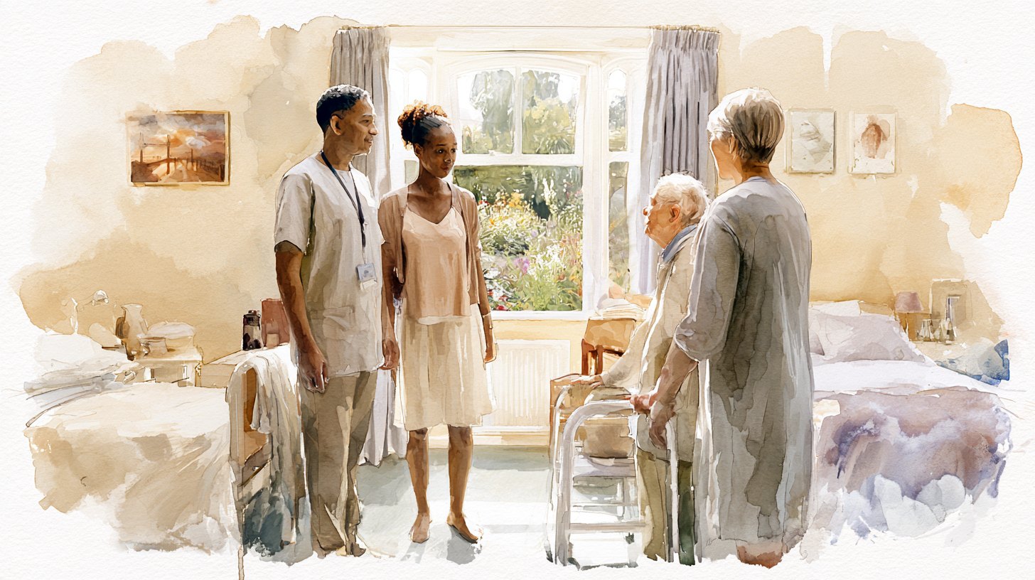 A manager showing a woman and her elderly father into a care home bedroom with a window onto the garden