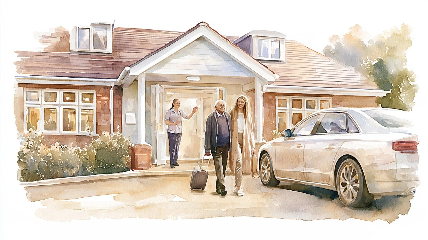 An elderly man with a small suitcase and his daughter walking out to a car, a carer waving from the door, in a care home entrance