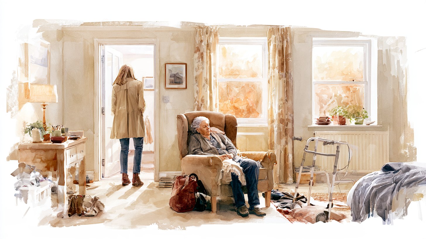 An elderly woman asleep in her armchair with a walking frame beside her, her daughter in the doorway with her coat on