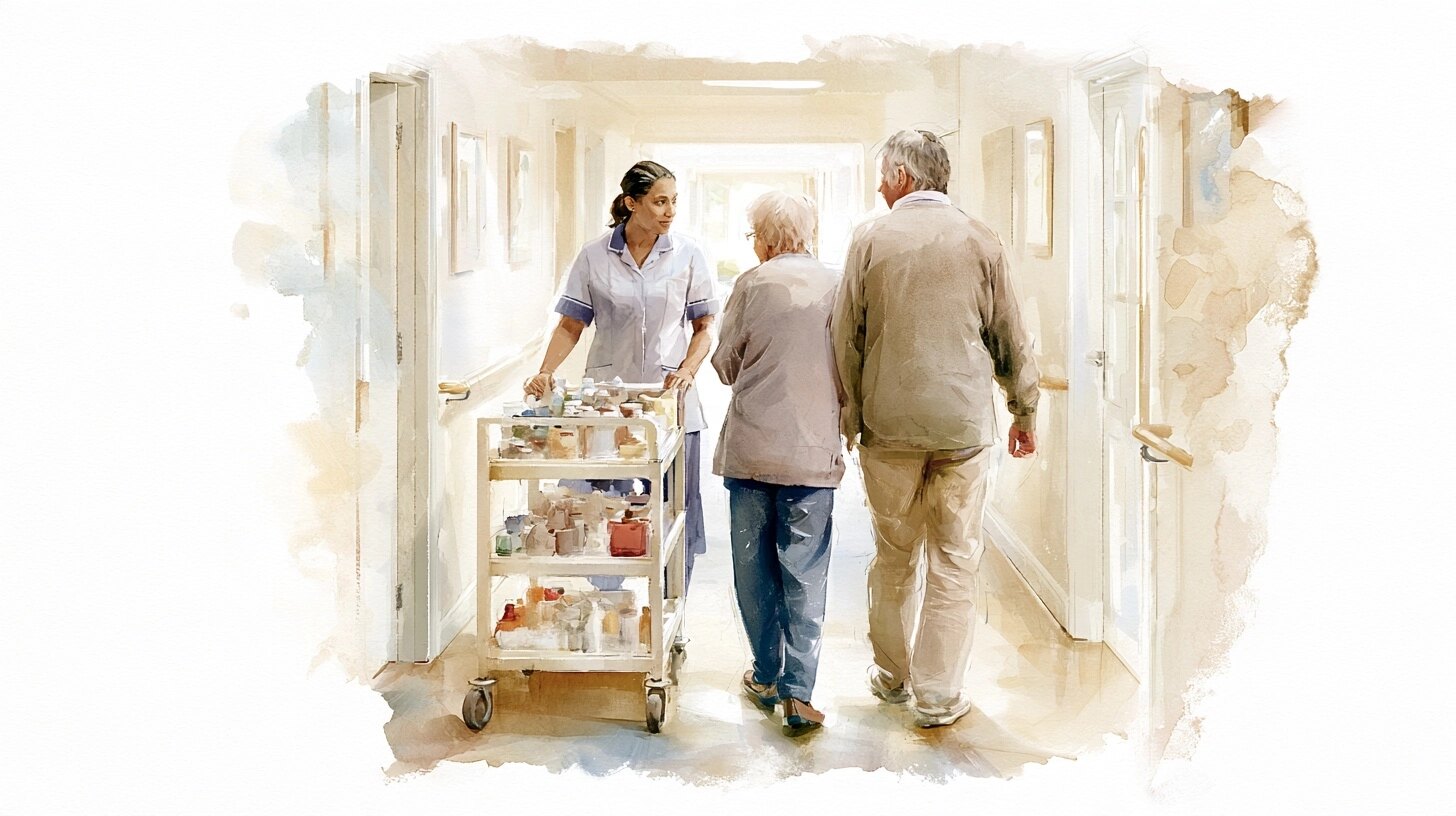 A nurse in a tunic with a medicine trolley and a carer walking with a resident, in a care home corridor