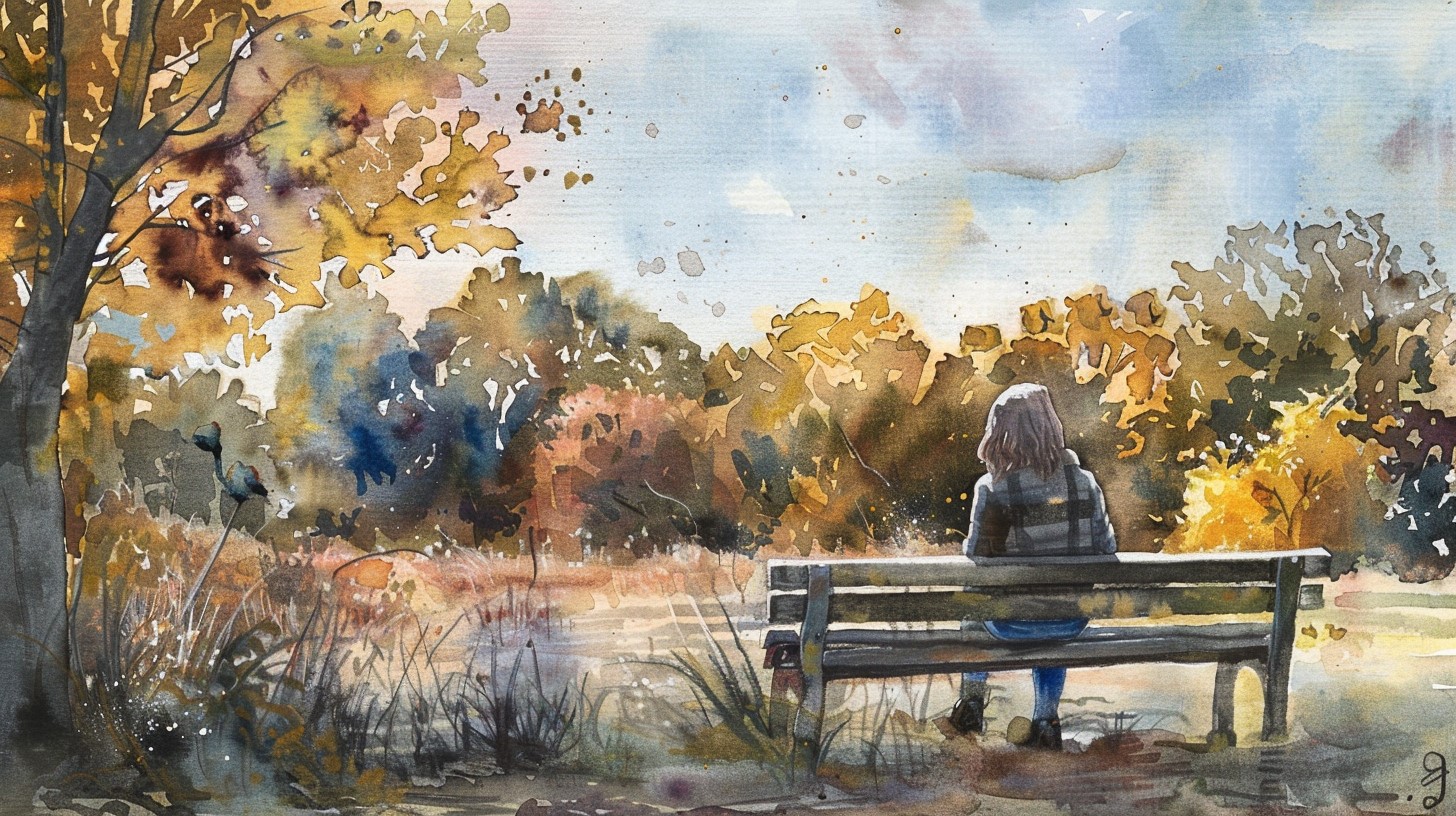 An older woman sitting alone on a bench overlooking a park in autumn, seen from behind