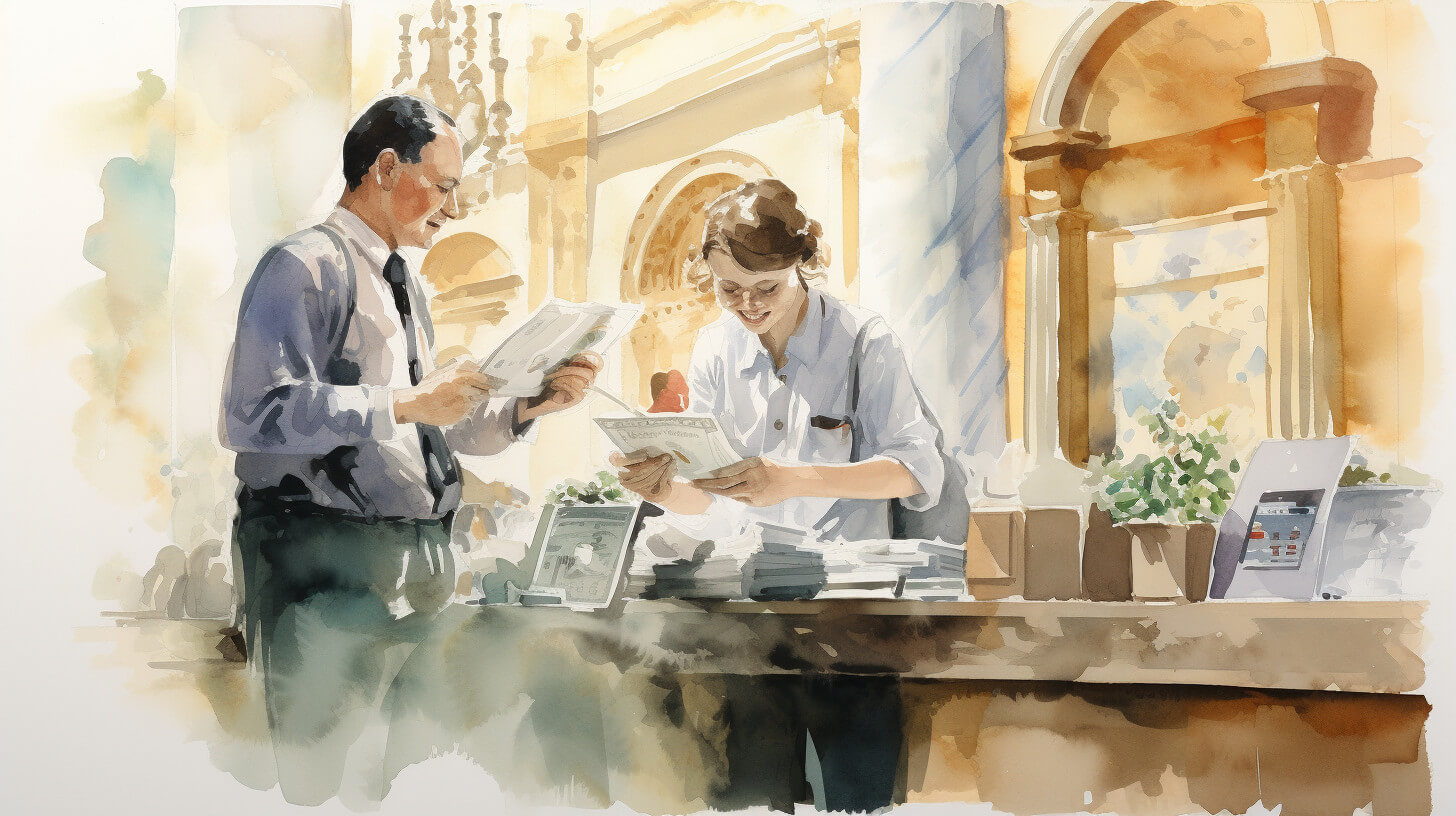 An older man and a young carer counting banknotes together at a counter, exchanging payment