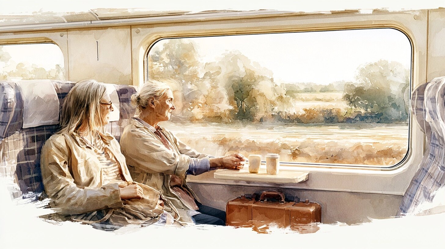 An older woman travels by train with a companion beside her, countryside passing the window
