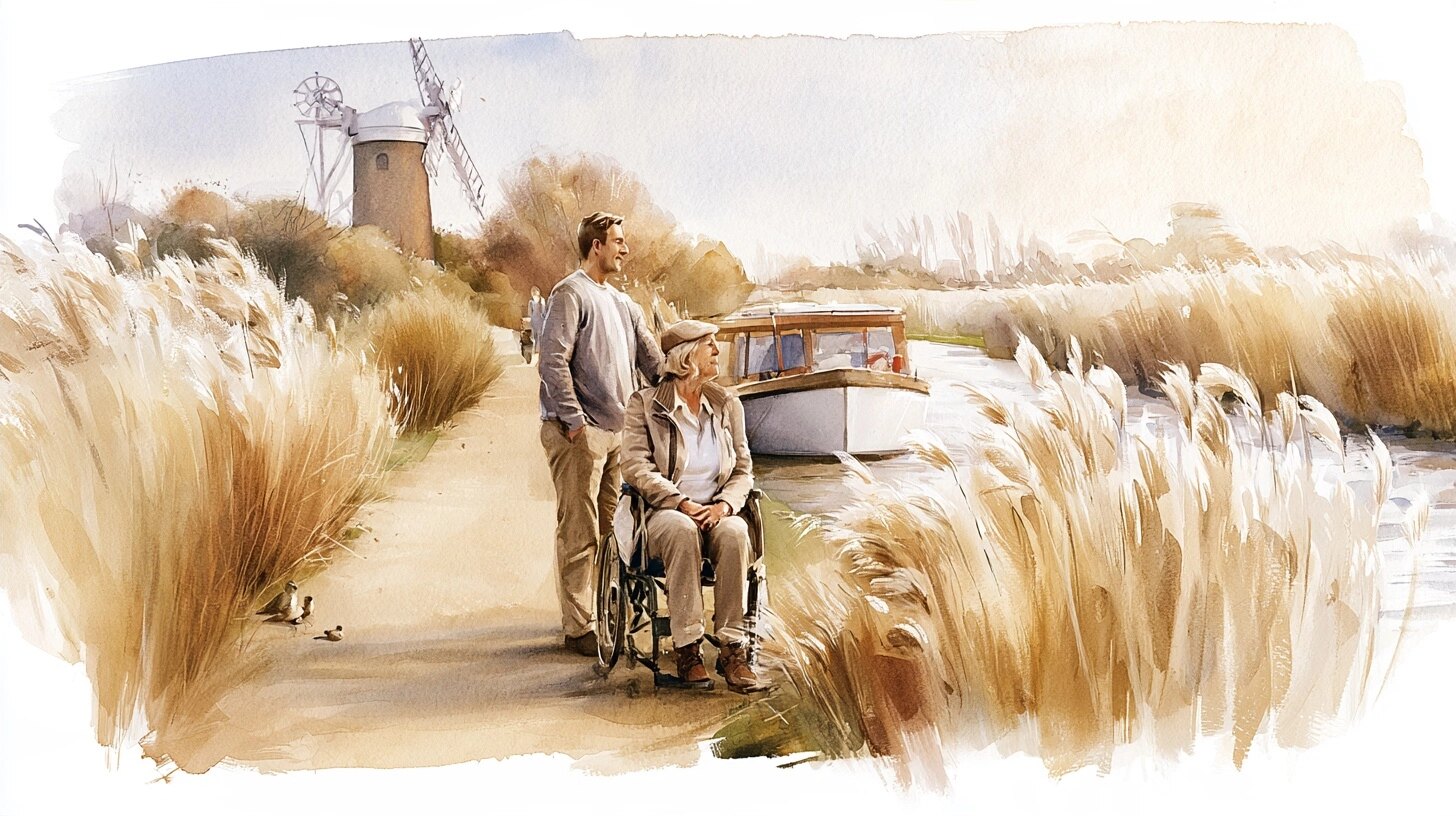 An older woman in a wheelchair and her companion on a level riverside path on the Norfolk Broads, a windmill beyond