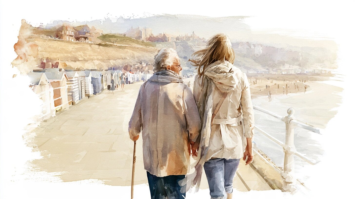 An older woman with a stick walks along a level seafront promenade with her daughter, beach huts beyond