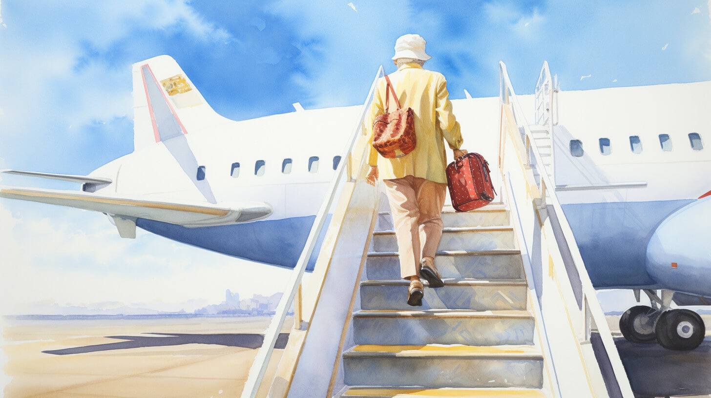 An older man in a yellow jacket carrying two bags up the steps onto a plane