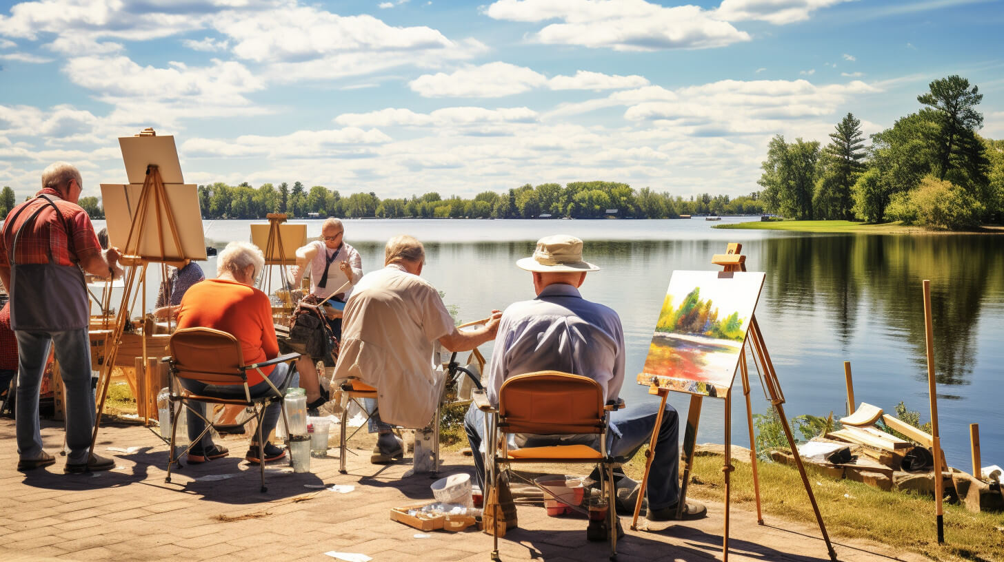 A small group of older people sitting by a calm lake, painting at easels together on a sunny day