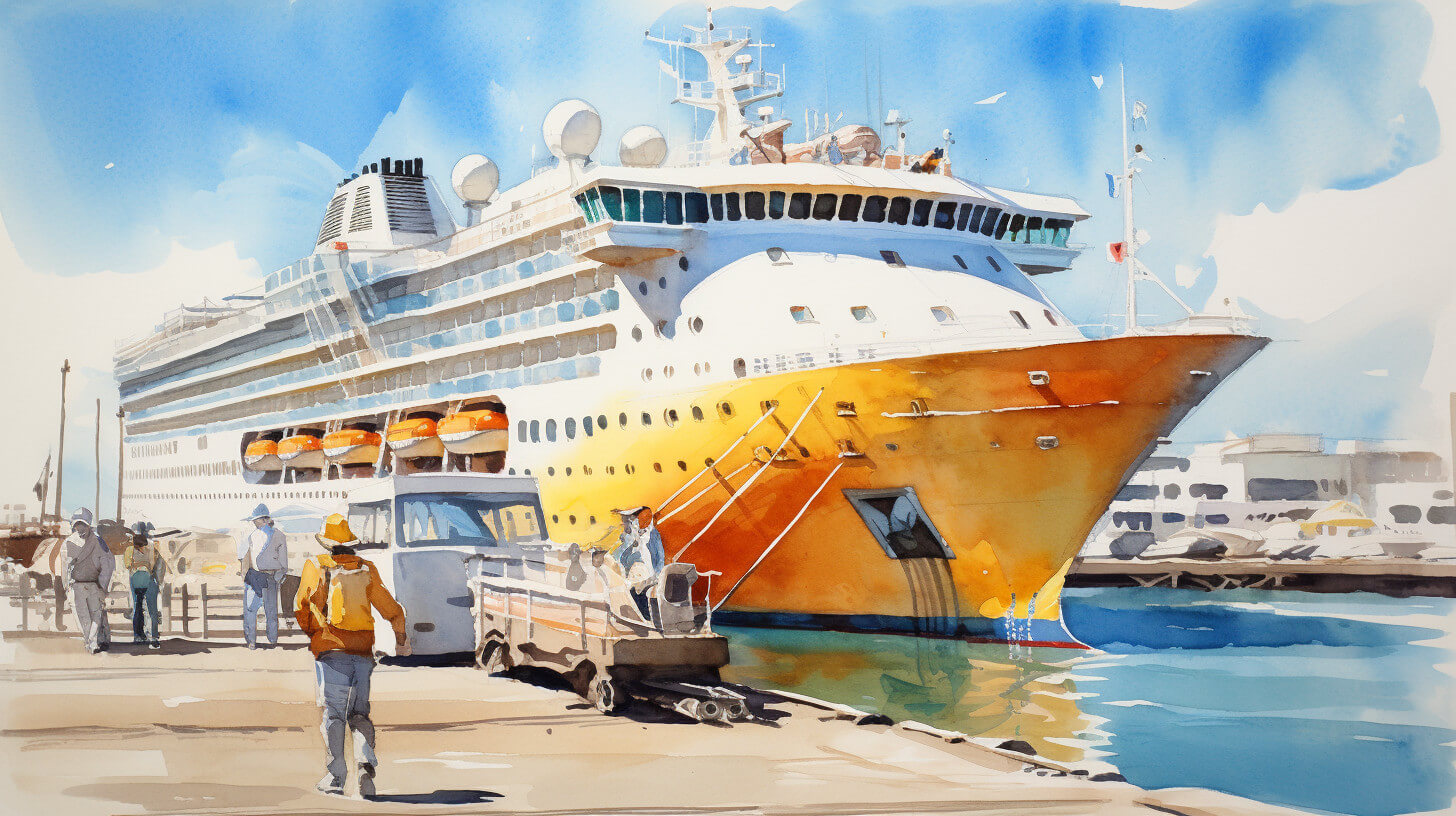 A large cruise ship docked in port, with passengers walking along the quayside towards it