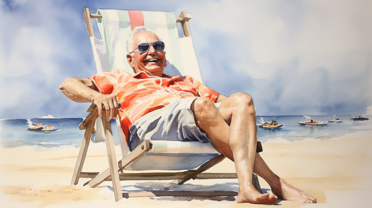 An older man smiling and relaxed in a deckchair on a beach, with small boats out on the sea behind him