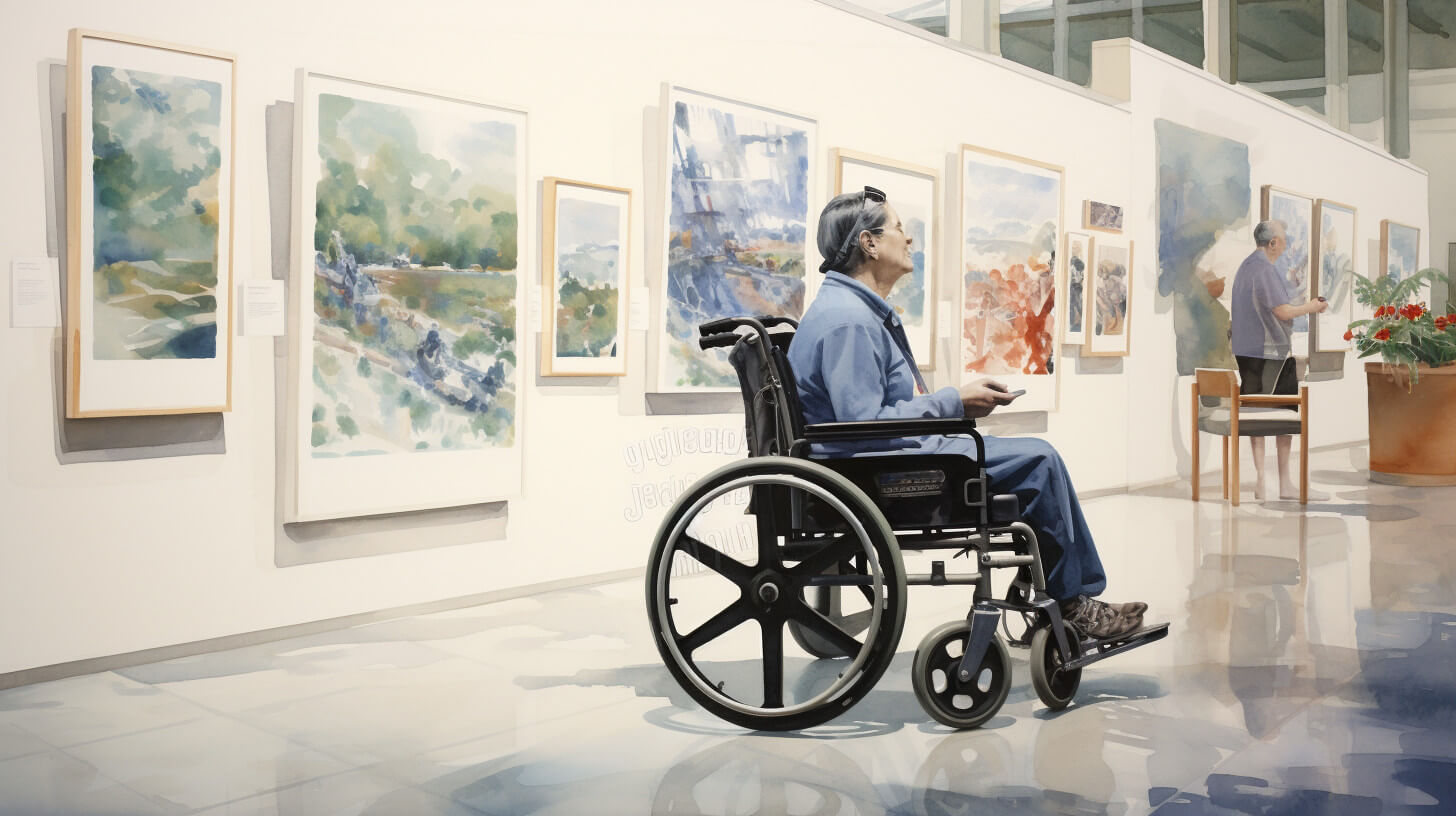 An older man in a wheelchair looking out over a harbour with a younger relative beside him