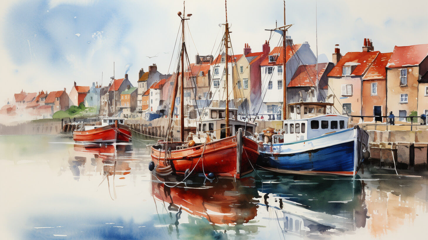 A watercolour of fishing boats moored in a harbour lined with terraced houses, in the style of Whitby on the North Yorkshire coast