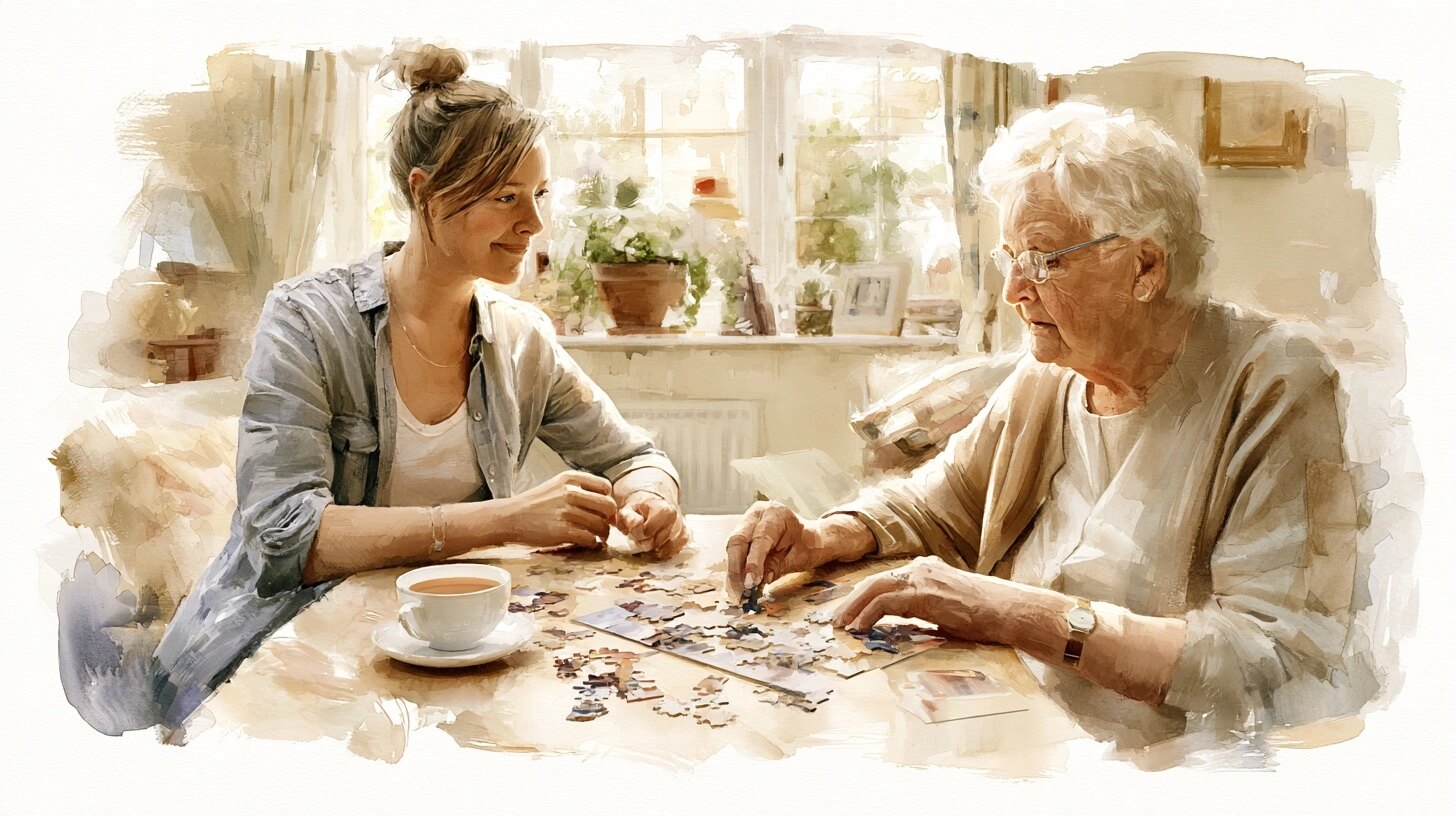 A companion and an elderly woman doing a jigsaw puzzle at a table, a cup of tea, in a sunny sitting room