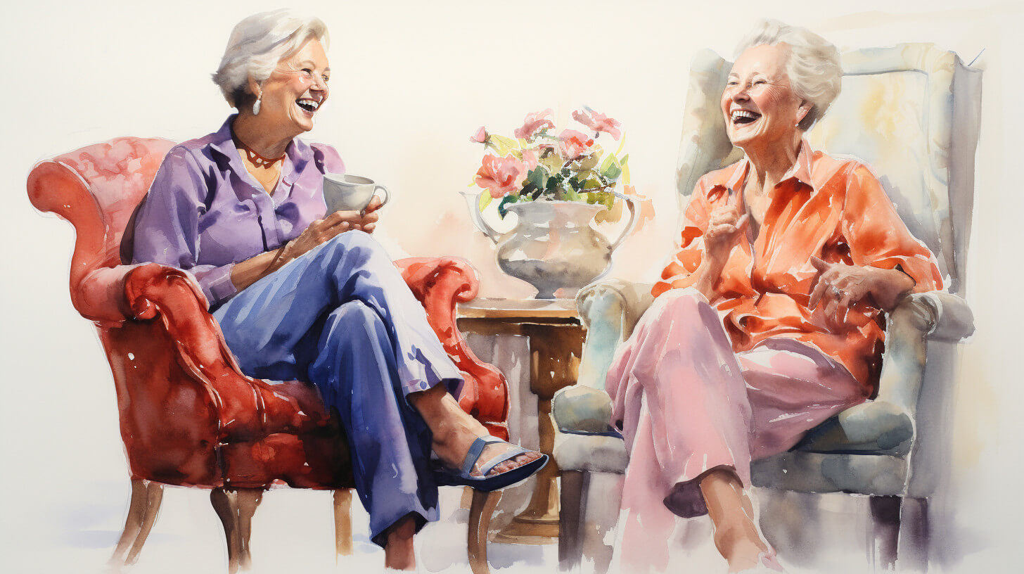 Two women sitting together in armchairs, laughing over a cup of tea