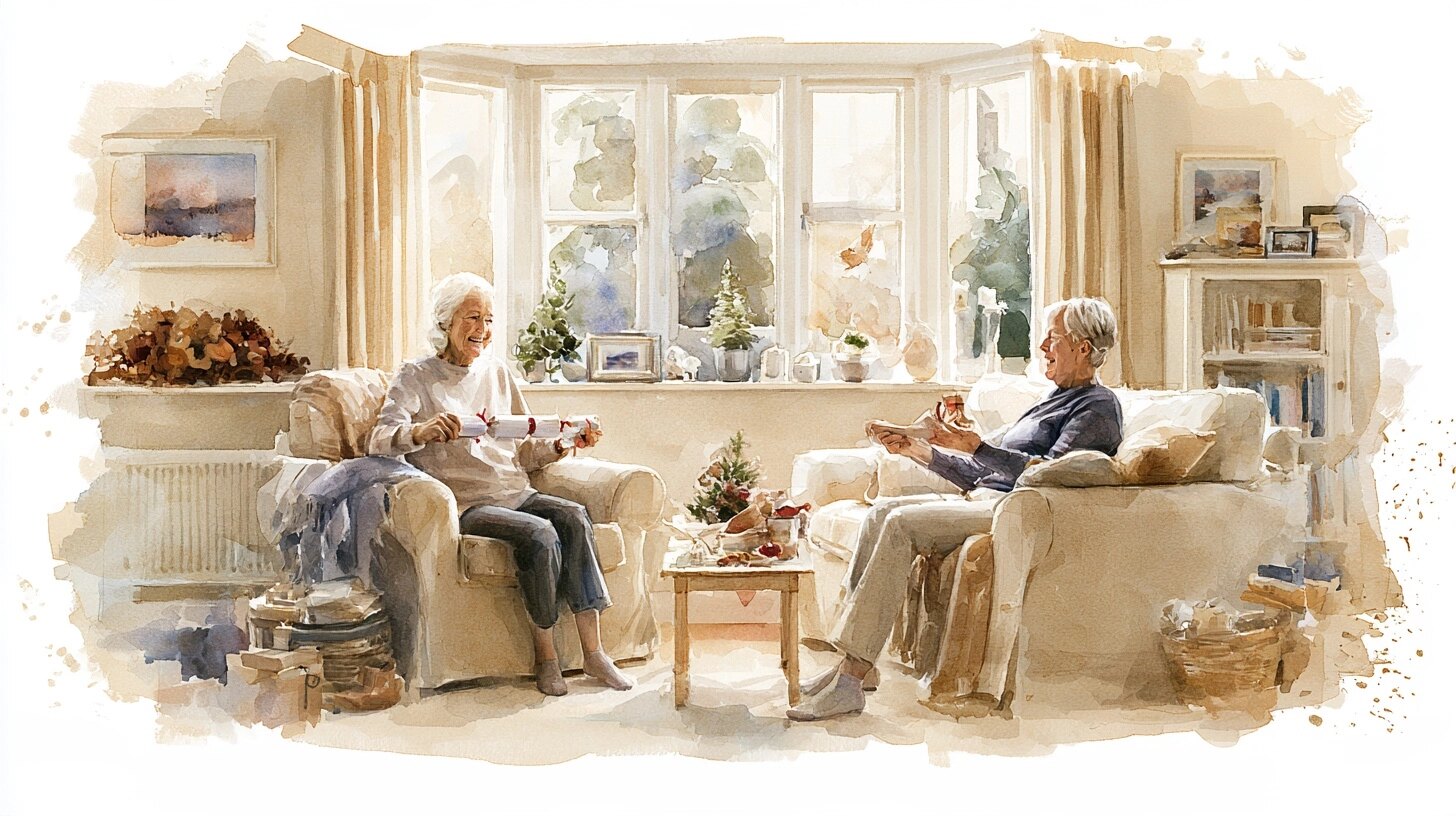 An elderly woman and a companion pulling a cracker at a small table, a little tree, in a sitting room at Christmas