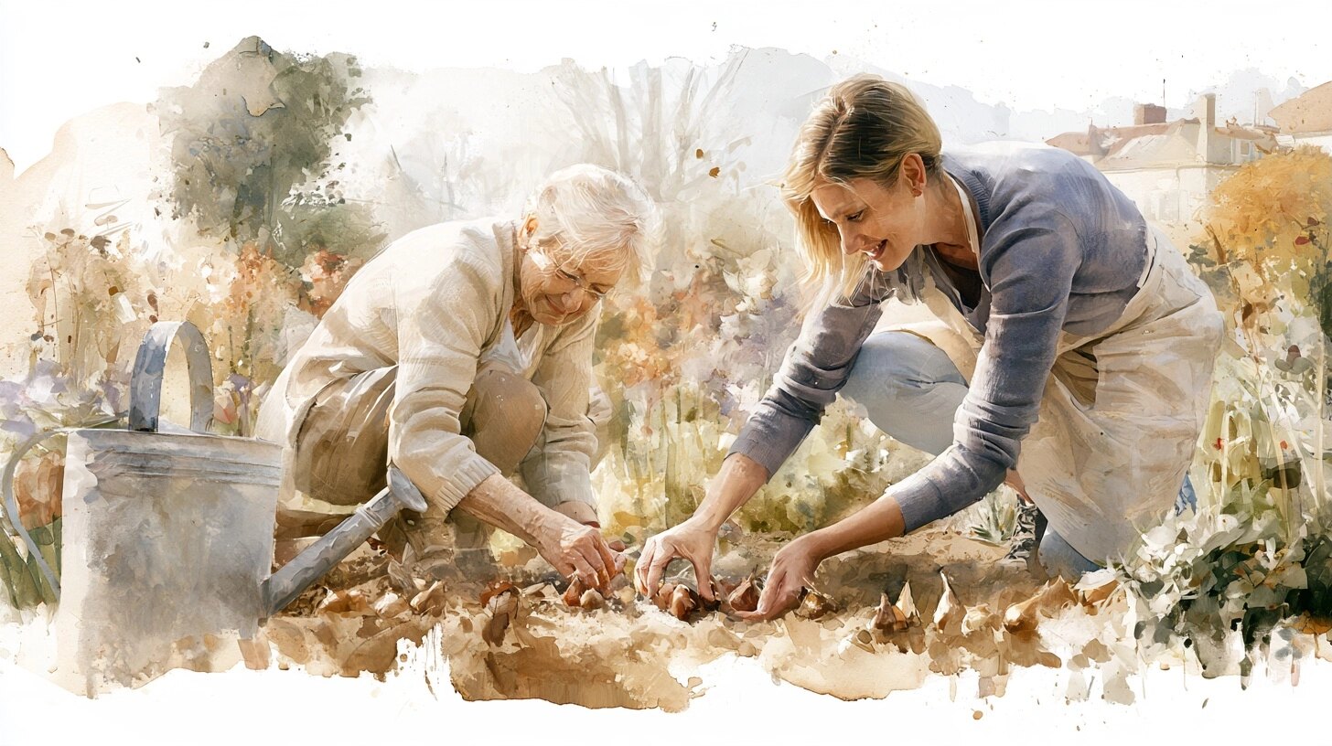 An elderly widow and a companion planting bulbs together, a watering can, in a garden